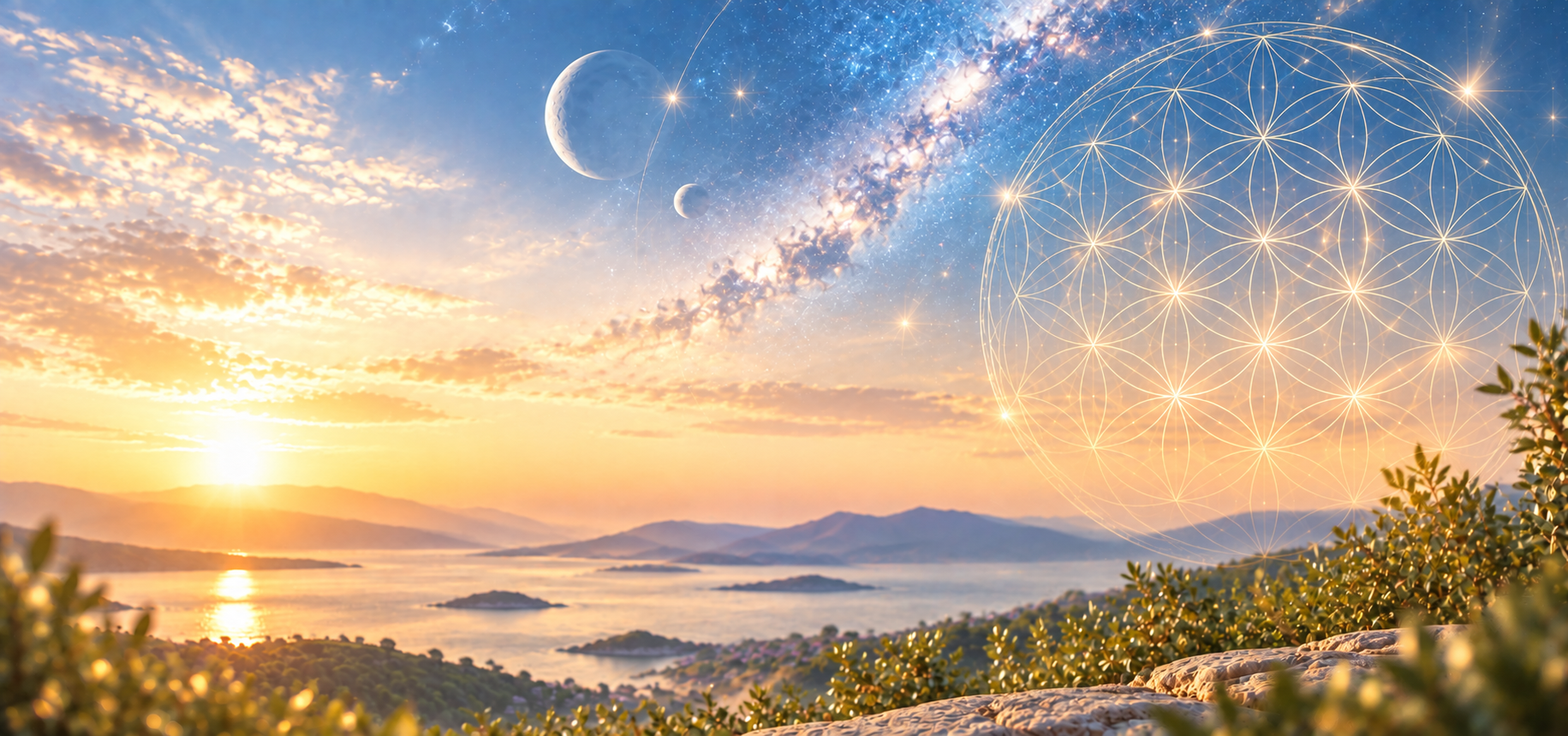 朝日に輝く海と、星空に浮かぶ月と金色の幾何学模様